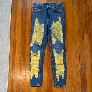Stylish Blue and Gold Distressed Men's Jeans